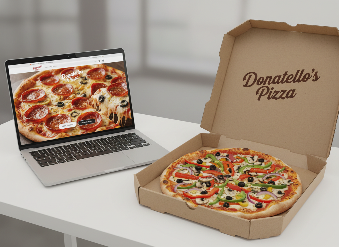 A laptop on a clean white desk displaying a modern online pizza ordering interface for “Donatello’s Pizza,” with a large, hyper-realistic image of a pizza dominating the screen. Next to the laptop is an open pizza box revealing a perfectly baked half-and-half pizza, one side classic pepperoni, the other side loaded with vegetables. The box sits on the desk with its cardboard texture and printed logo clearly visible. Neutral, soft studio lighting ensures everything is evenly lit without harsh shadows. Shot from a slightly elevated angle with sharp focus, the background fades into a gentle blur of neutral tones, conveying speed, convenience, and a streamlined online ordering experience for delicious pizzas.