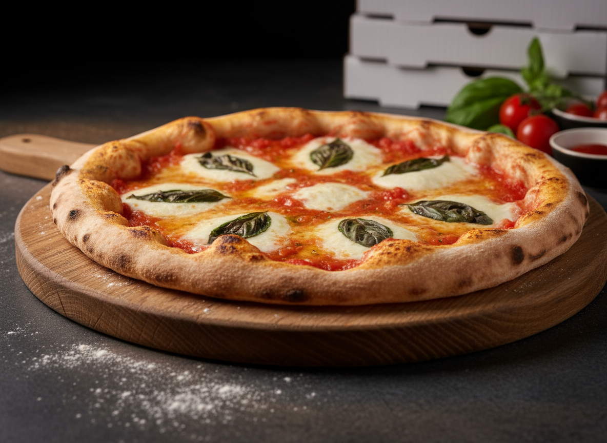 A freshly baked Margherita pizza on a rustic wooden board, its thin, blistered crust puffed with charred bubbles and glossy with a light sheen of olive oil. Bright red tomato sauce peeks through pools of melted mozzarella, dotted with whole basil leaves that look just wilted from the heat. The board rests on a dark stone countertop dusted with a few scattered flour traces. Warm, directional studio lighting from the side creates appetizing highlights on the melted cheese and subtle shadows around the crust. Photographic realism, shot from a slightly elevated three-quarter angle with shallow depth of field, leaving the background gently blurred with hints of stacked pizza boxes and fresh ingredients, evoking a modern, inviting pizzeria atmosphere.