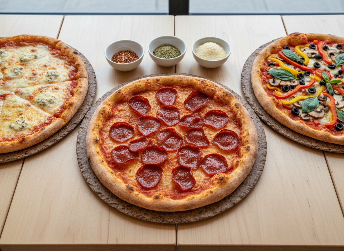 An overhead photographic view of a selection of classic pizzas arranged on a long, light-wood table, each on its own round stone baking tray. A pepperoni pizza with crisp, curled edges, a four-cheese pizza with bubbling golden spots, and a veggie pizza loaded with colorful bell peppers, black olives, and mushrooms create a vibrant spread. Between them sit small bowls of chili flakes, oregano, and grated parmesan. Soft, diffused natural light from an unseen window creates even illumination and minimal shadows, enhancing the vivid colors. The composition uses the rule of thirds, with one pizza as the visual anchor and others partially cropped at the edges, conveying abundance and choice in a clean, modern, appetizing style.
