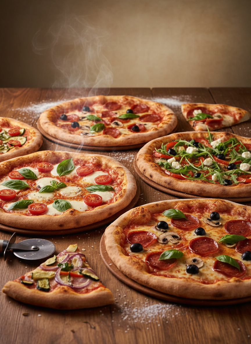 Foto atractiva de varias pizzas sobre mesa de madera, estilo fotografía de comida profesional, sin ningún logo ni marca visible, fondo neutro, colores cálidos y apetitosos.