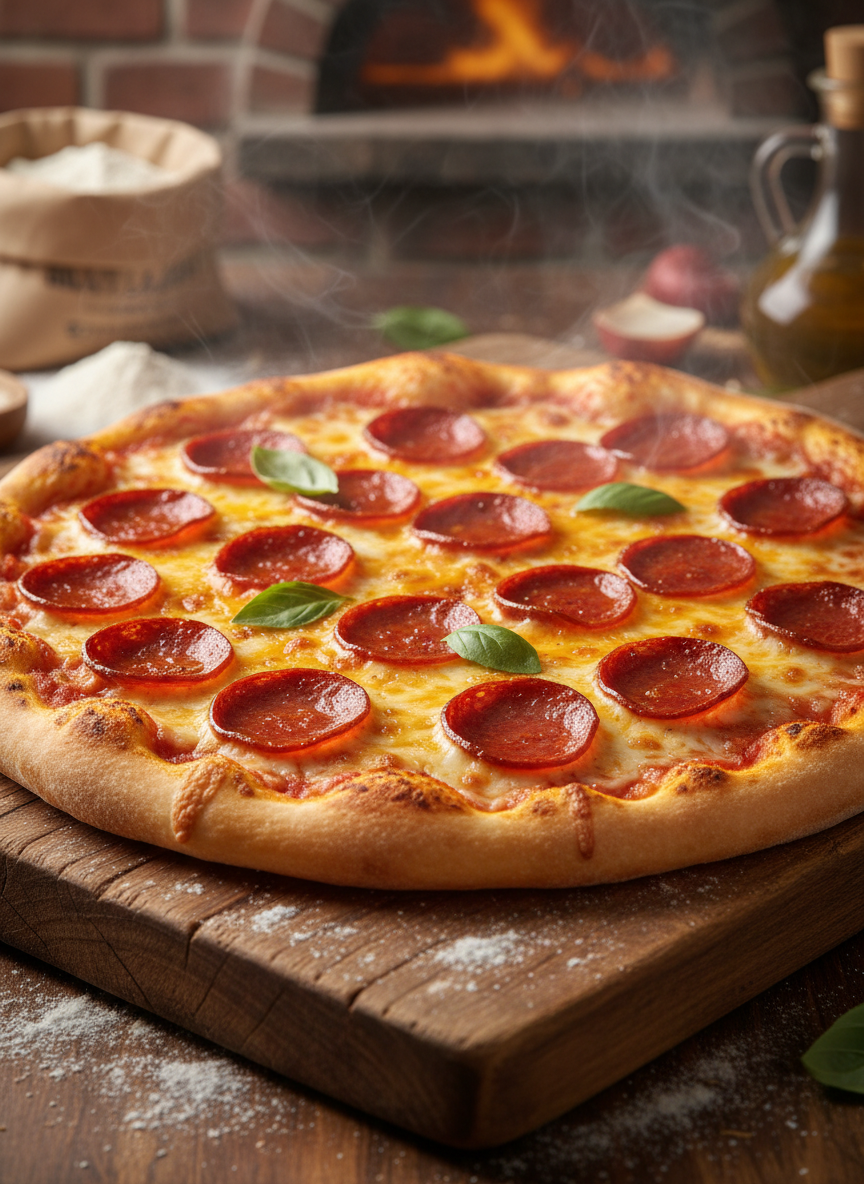 close-up of a hot, cheesy pepperoni pizza on a rustic wooden board, studio lighting, appetizing food photography