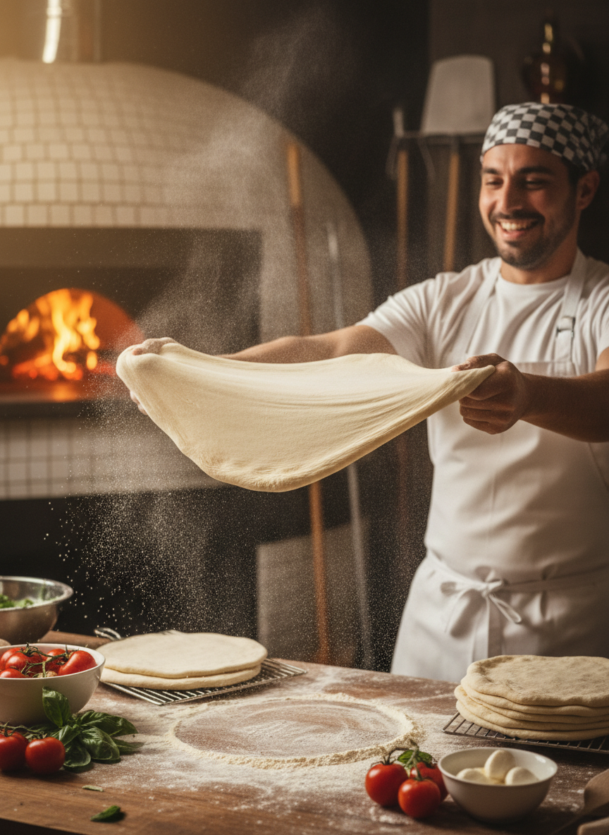 chef stretching pizza dough by hand in a warm kitchen, motion and flour in the air, appetizing food photography