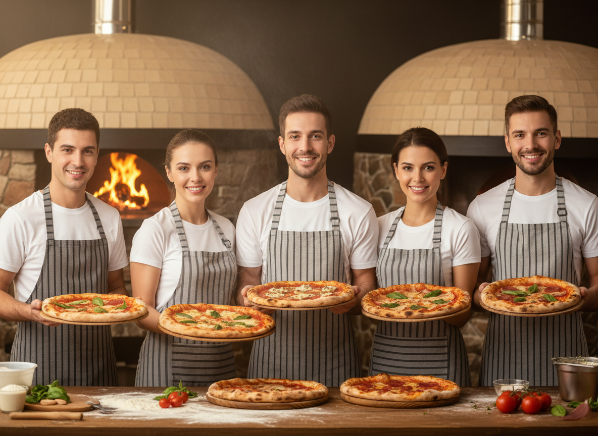 smiling pizzeria team posing with fresh pizzas in front of a traditional pizza oven, warm lighting, appetizing food photography