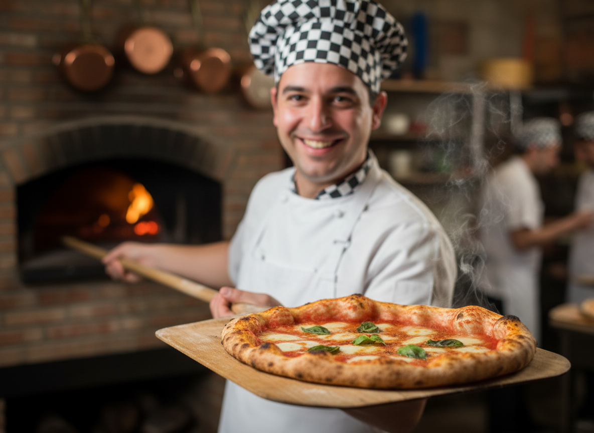 pizza chef holding a freshly baked margherita pizza on a peel, smiling at the camera, appetizing food photography