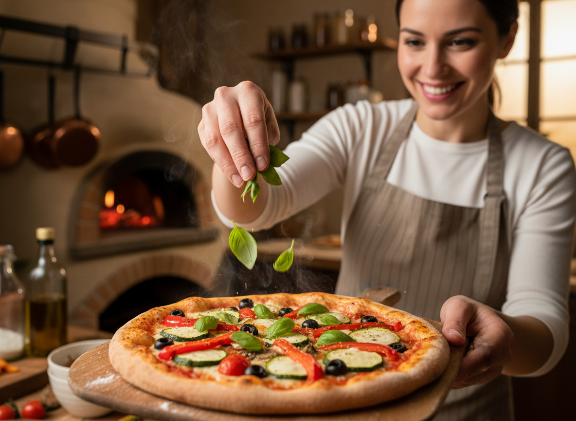 pizzaiola sprinkling basil over a just-baked veggie pizza, smiling, warm kitchen background, appetizing food photography