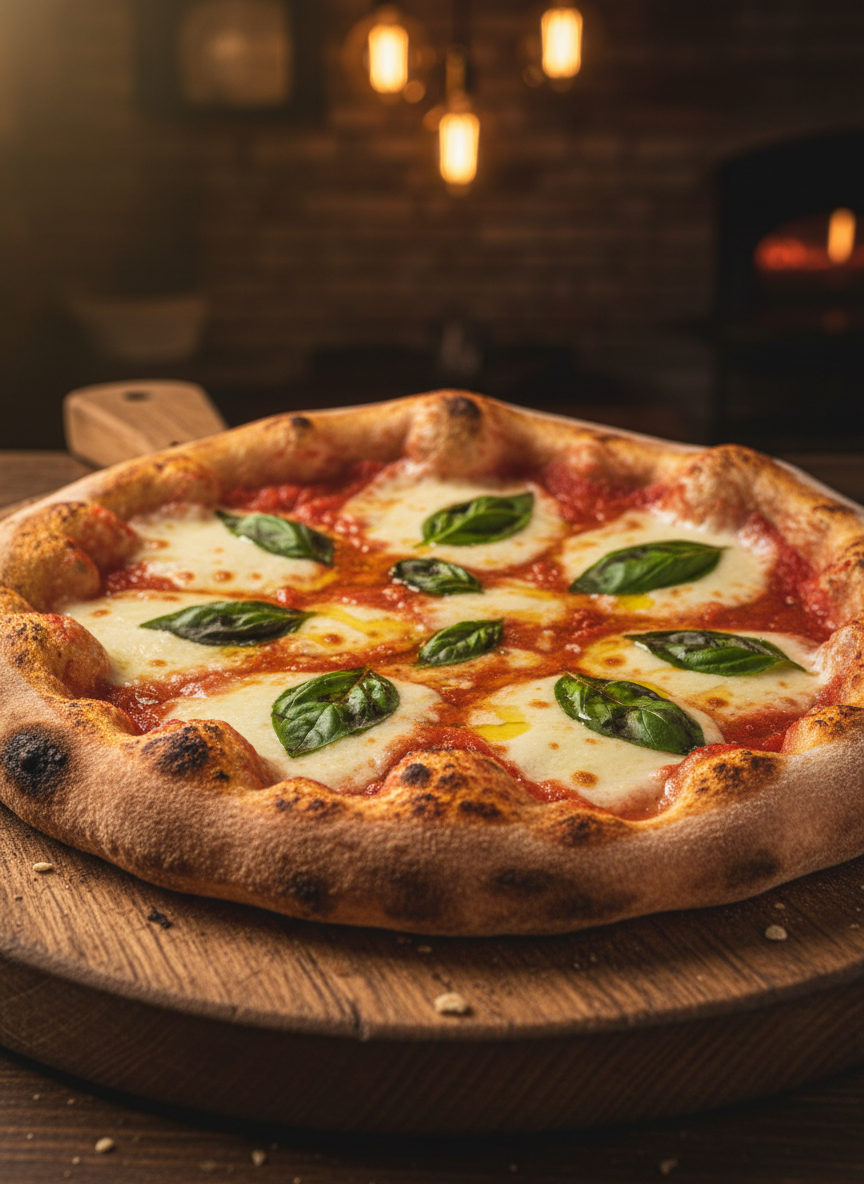 vertical close-up of a rustic wood-fired margherita pizza on a wooden board with melted mozzarella, fresh basil and charred crust, warm restaurant lighting