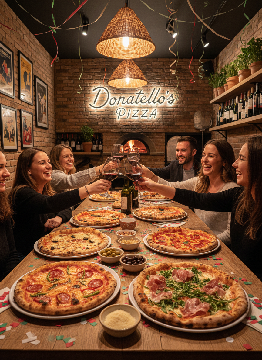 Mesa servida en Donatello's Pizza con pizzas artesanales, decoración acogedora y ambiente de celebración
