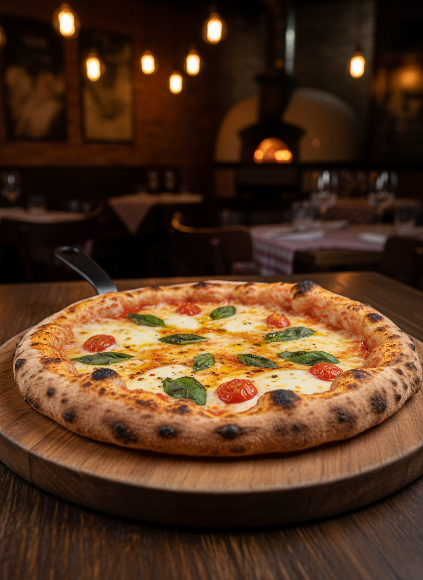 Close-up of a freshly baked artisan pizza at Donatello's Pizza, with melted cheese, fresh basil and tomatoes on a rustic wooden table in a cozy restaurant setting