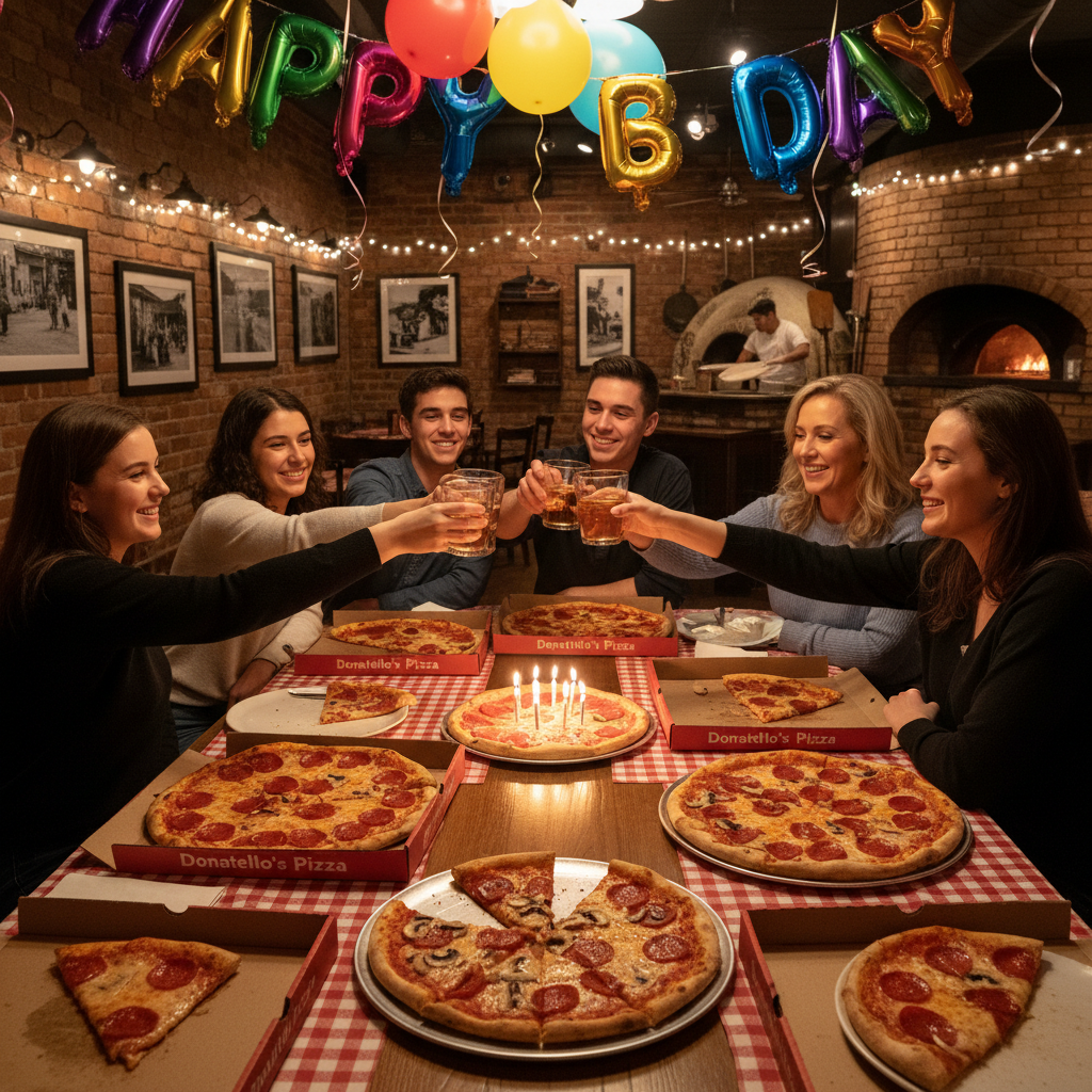 Birthday celebration at Donatello's Pizza restaurant: a decorated table with pizza, candles, and a small group smiling and toasting in a cozy indoor setting