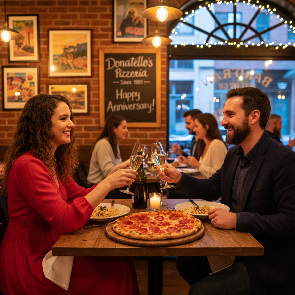 Anniversary dinner at Donatello's Pizza: a couple clinking glasses over a shared pizza, warm lighting, and a cozy, romantic restaurant atmosphere
