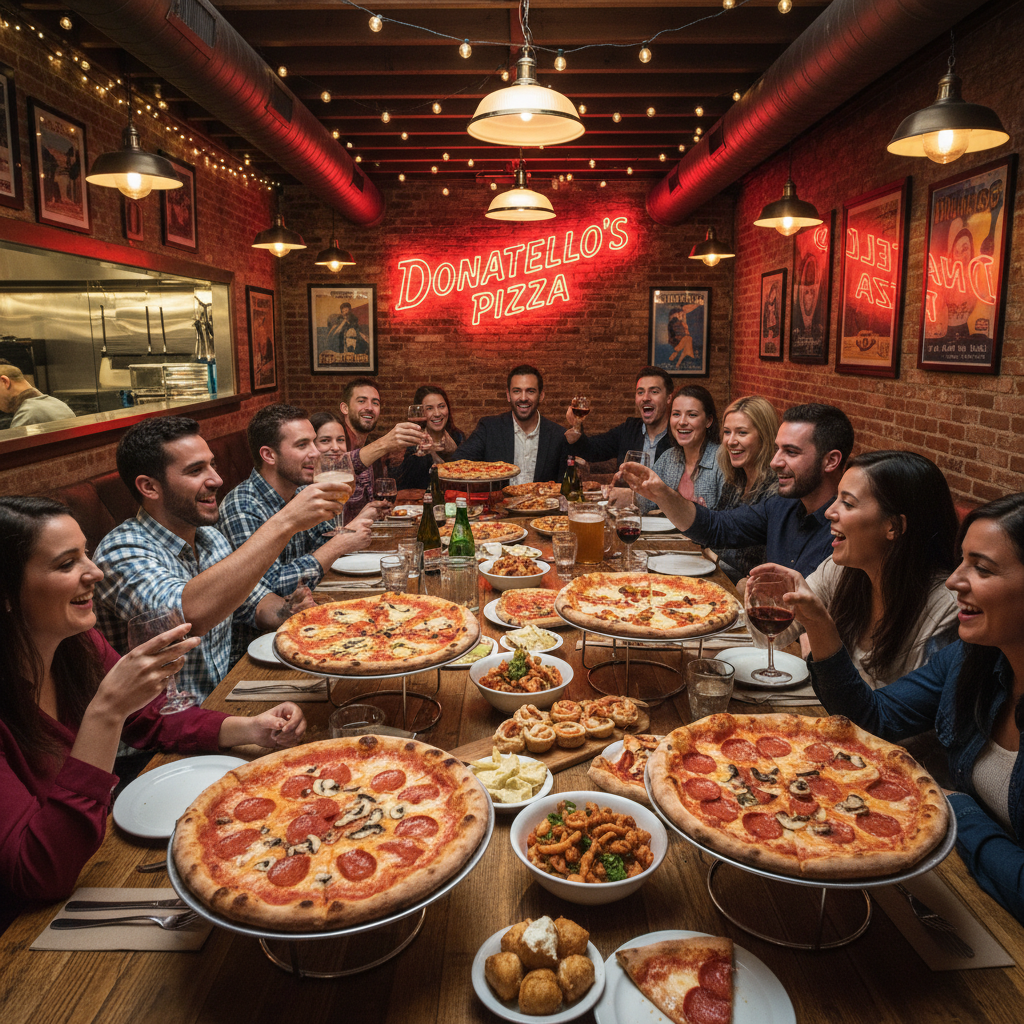 Group dinner event at Donatello's Pizza: a long table filled with pizzas, appetizers, and drinks, with a large group of friends or colleagues enjoying a lively evening together