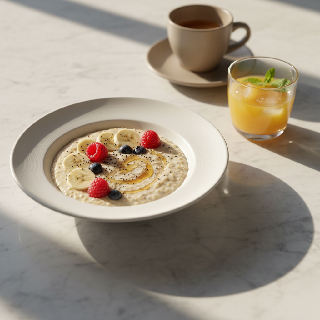 An elegant breakfast spread featuring a shallow white bowl of creamy overnight oats topped with sliced banana, fresh berries, chia seeds, and a light drizzle of honey, placed on a pale marble countertop. Nearby sit a small glass of freshly squeezed orange juice and a minimalist ceramic espresso cup, both in soft focus. Natural early-morning light pours in from the right, casting delicate shadows and subtle reflections on the marble surface. The composition uses the rule of thirds, with the oats bowl as the focal point and negative space enhancing the clean, modern feel. Photographic realism, subdued colors, and meticulous styling create a serene, professional atmosphere aligned with a blog about healthy daily breakfast ideas.