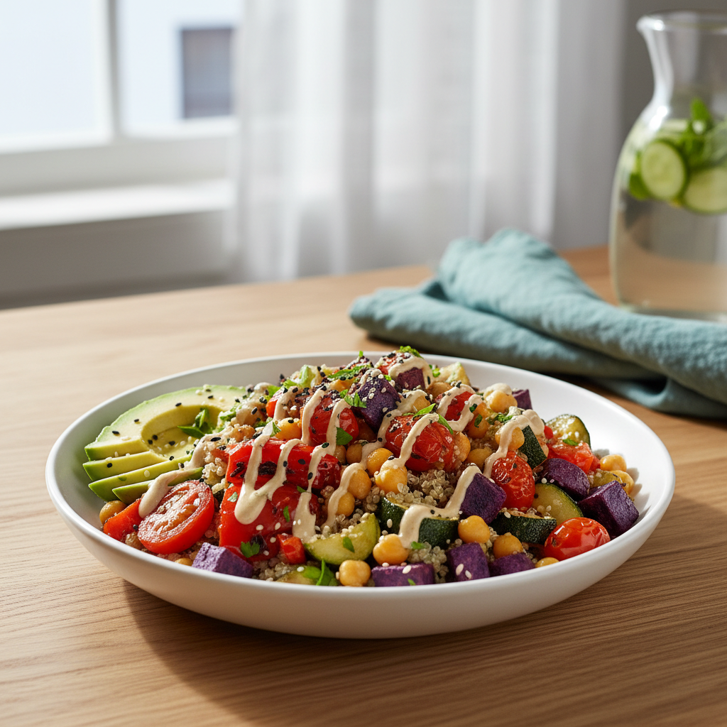 A vibrant, freshly plated Mediterranean buddha bowl arranged on a matte white ceramic plate, filled with colorful roasted vegetables, quinoa, chickpeas, sliced avocado, and a drizzle of tahini dressing. The plate rests on a light oak wooden table near a large kitchen window, with a neatly folded linen napkin and a glass carafe of infused water in the softly blurred background. Gentle morning daylight streams in from the side, creating natural highlights on the glossy vegetables and soft shadows under the plate. Photographed from a slightly elevated angle with a shallow depth of field, the image feels clean, professional, and inviting, embodying photographic realism and a modern healthy-eating aesthetic suitable for a nutrition-focused food blog header.
