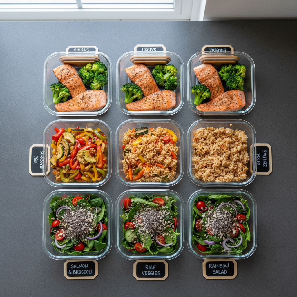 A neat weekly meal prep layout featuring multiple transparent glass containers filled with balanced healthy dishes: grilled salmon with steamed broccoli, brown rice with sautéed vegetables, and colorful salads topped with seeds. The containers are aligned in a grid on a smooth, slate-gray kitchen countertop, with labeled chalkboard tags placed beside some boxes. Overhead natural light from an unseen window creates soft, even illumination and minimal shadows, emphasizing the fresh ingredients. Shot from a bird’s eye view with sharp focus throughout, the composition feels organized, calm, and professional. The photographic style is clean and minimalist, conveying structure and practicality for a site about healthy daily menus and sustainable eating habits.