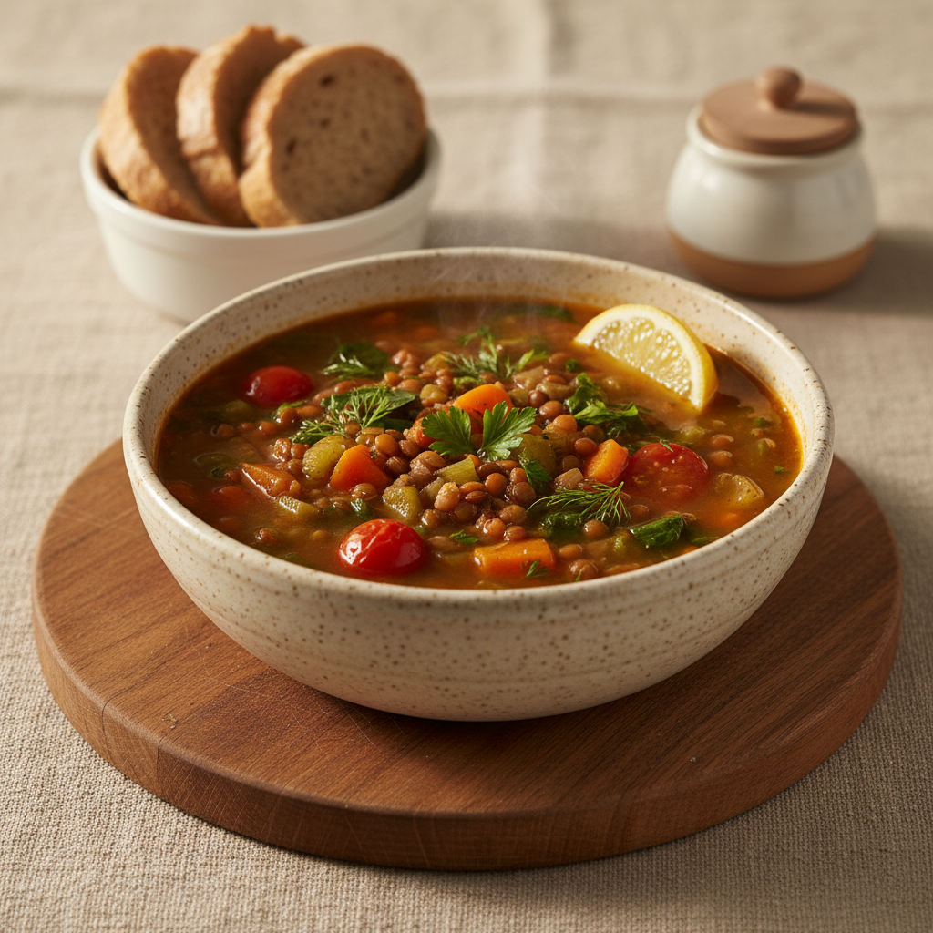 A close-up of a steaming bowl of vegetable-lentil soup in a textured, light stoneware bowl, garnished with fresh herbs and a lemon wedge on the rim. The bowl sits on a rustic wooden board atop a neutral linen cloth, with a small dish of whole-grain bread slices and a ceramic salt cellar subtly blurred in the background. Soft, diffused afternoon light from the left creates a cozy glow and gentle highlights on the surface of the broth. Captured at an eye-level angle with a shallow depth of field, the image emphasizes warmth, comfort, and nutritional richness. The photographic realism and balanced composition support a professional, health-conscious recipe blog focused on everyday wholesome meals.